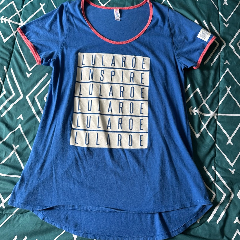 LuLaRoe Blue Tee with Coral Trim
